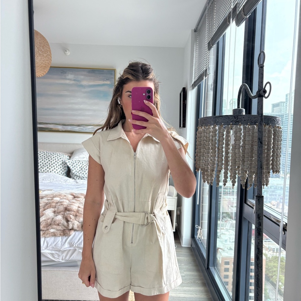 Casual Cream Zip-Front Romper with Belt